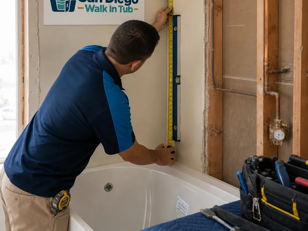 Contractor measuring an alcove tub opening and checking the wall with a level beside exposed plumbing