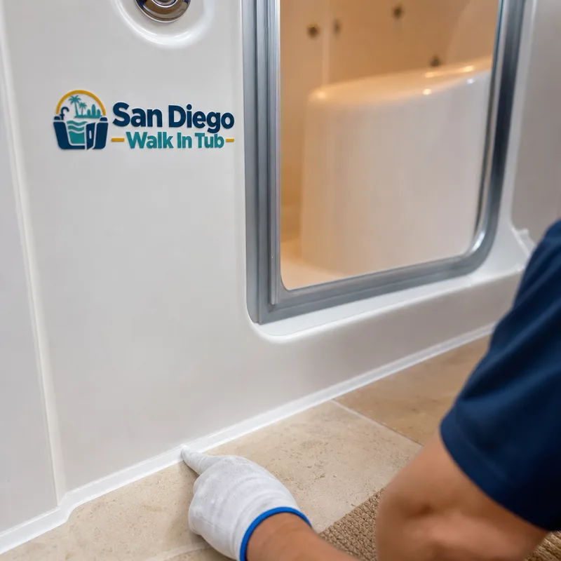 Close-up of a walk-in tub door seal and threshold with a tight fit and clean caulk line