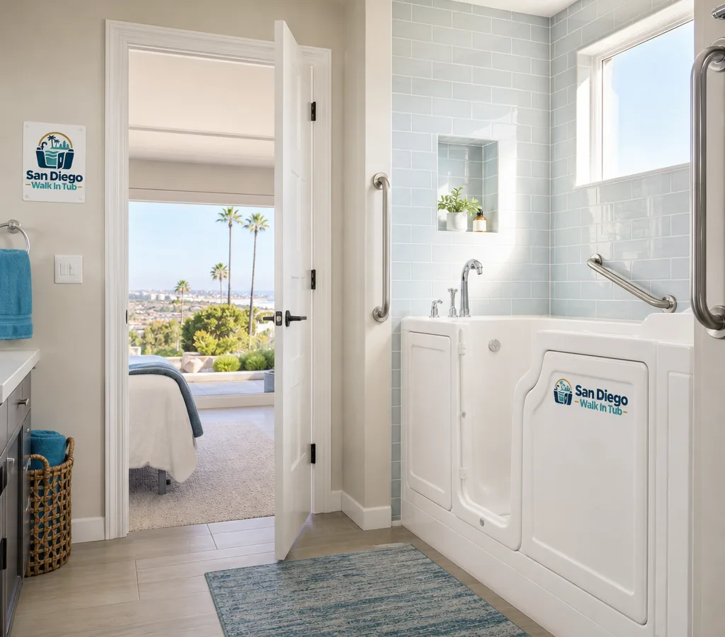 Bright updated bathroom with a walk-in tub, wide doorway, accessible layout, and neutral coastal-style finishes