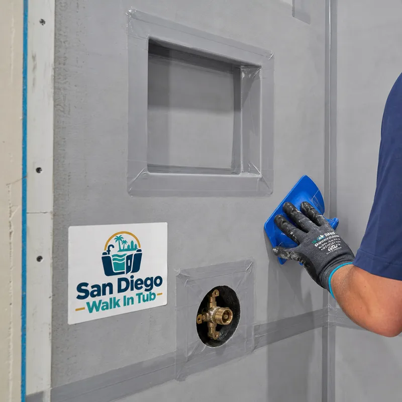 Shower wall waterproofing membrane with sealed edges at a niche and valve penetration