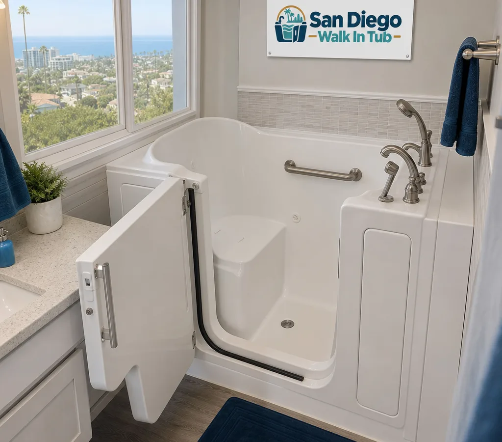 Walk-in tub installed in a residential bathroom with an outward-swinging door, built-in seat, and grab bar placement