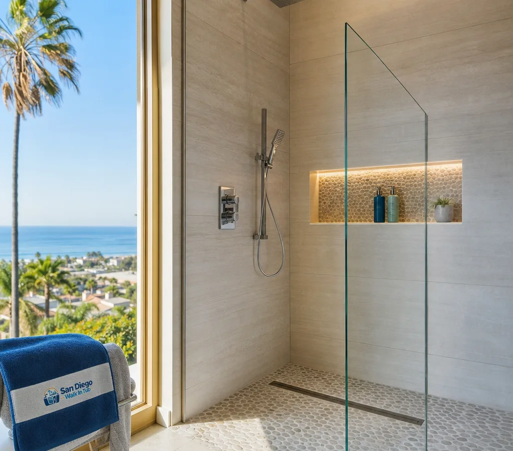 Finished modern walk-in shower in a San Diego home with tiled walls, glass panel, linear drain, and built-in niche