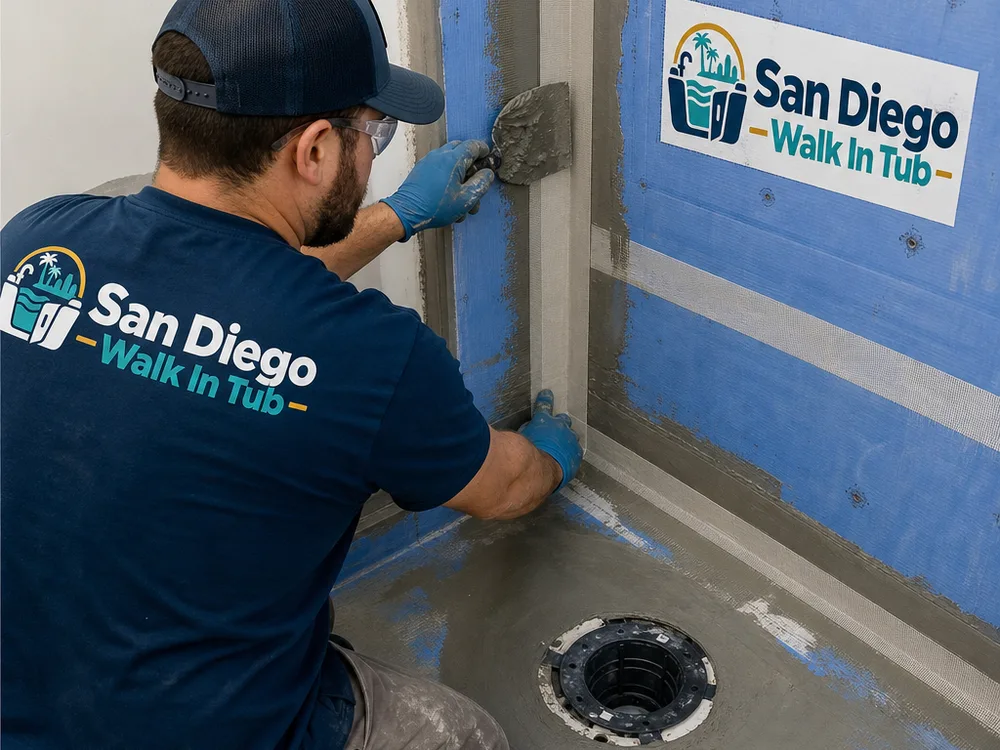 Waterproofing membrane being installed on shower walls with seam tape at the corners and drain flange