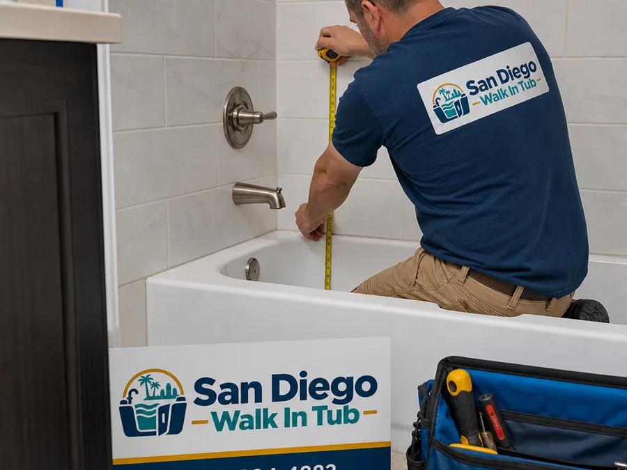 Contractor measuring an existing tub alcove and checking plumbing near the drain and valve wall